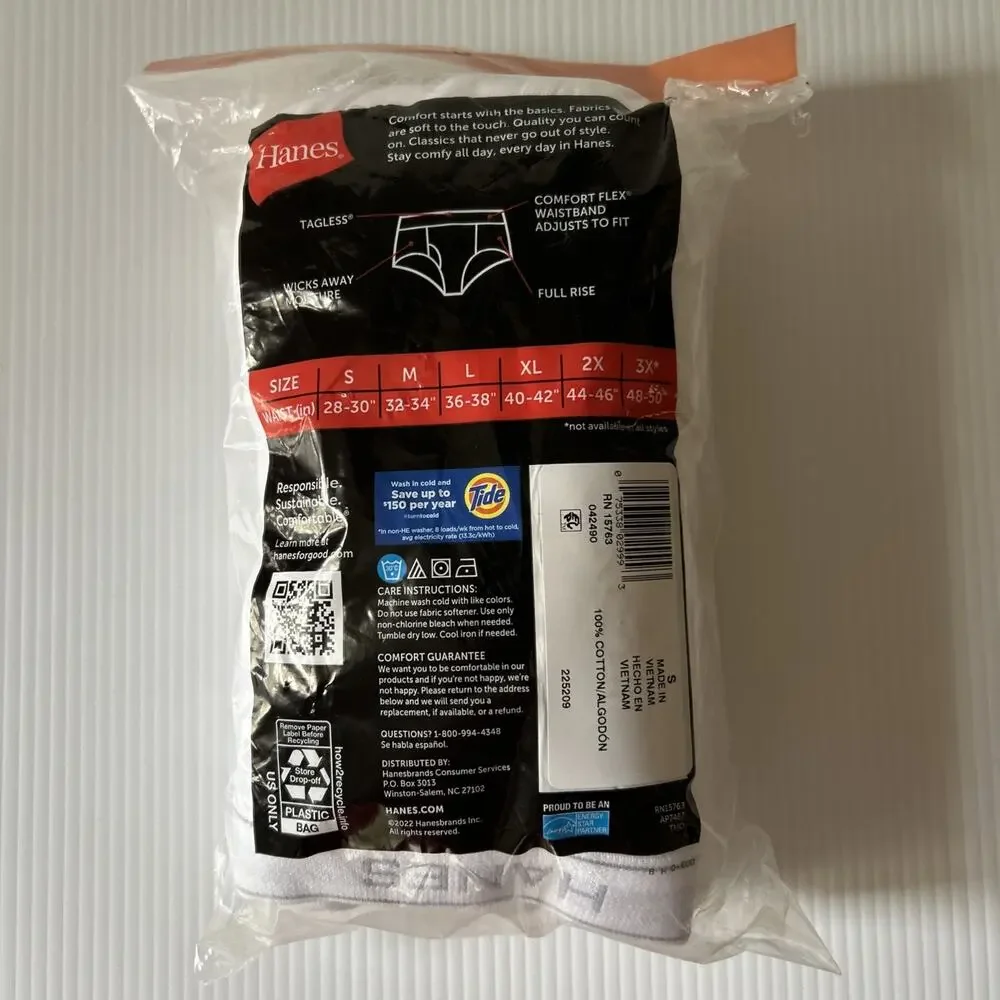 Men's Hanes Underwear 9 Tagless Briefs Small 28/30 White Cotton Soft Wicking NEW
